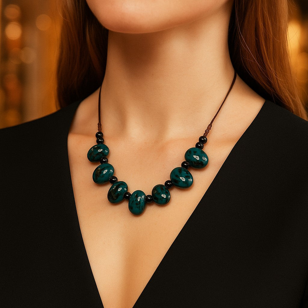 Deep Teal Stone Bead Necklace – Statement Gemstone Jewelry - Shop Hestons