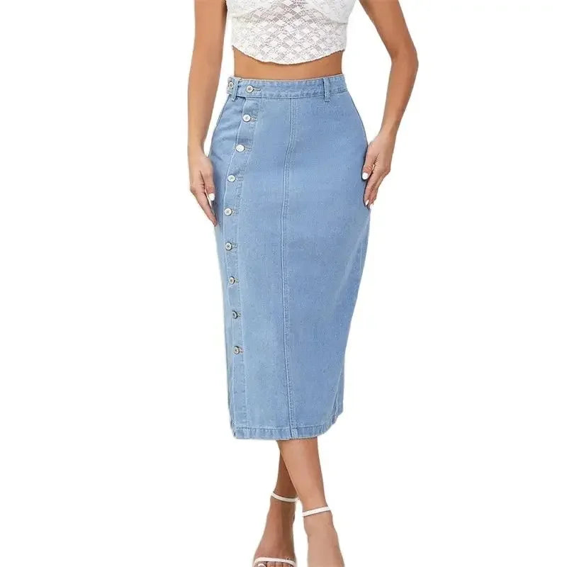 Side Button Denim Skirt - HESTONS