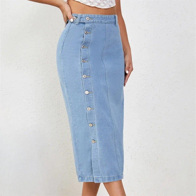 Side Button Denim Skirt - HESTONS